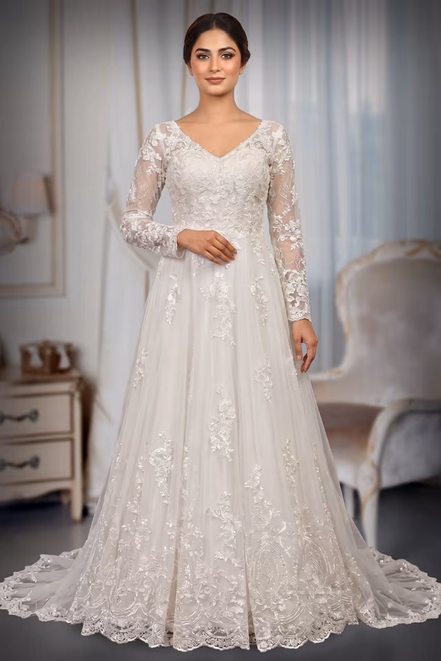 Elegant Off-White Lace and Tulle Long Sleeve Bridal Wedding Gown — back view, rent in Kochi