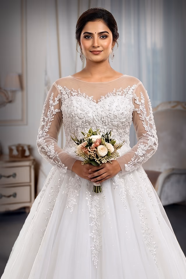 Long-Sleeved Lace Appliqué A-Line Bridal Gown with Illusion Neckline — rent in Kochi