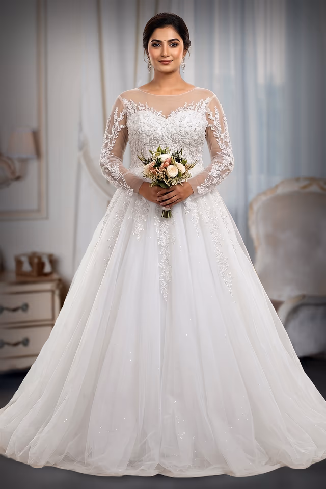 Long-Sleeved Lace Appliqué A-Line Bridal Gown with Illusion Neckline — back view, rent in Kochi