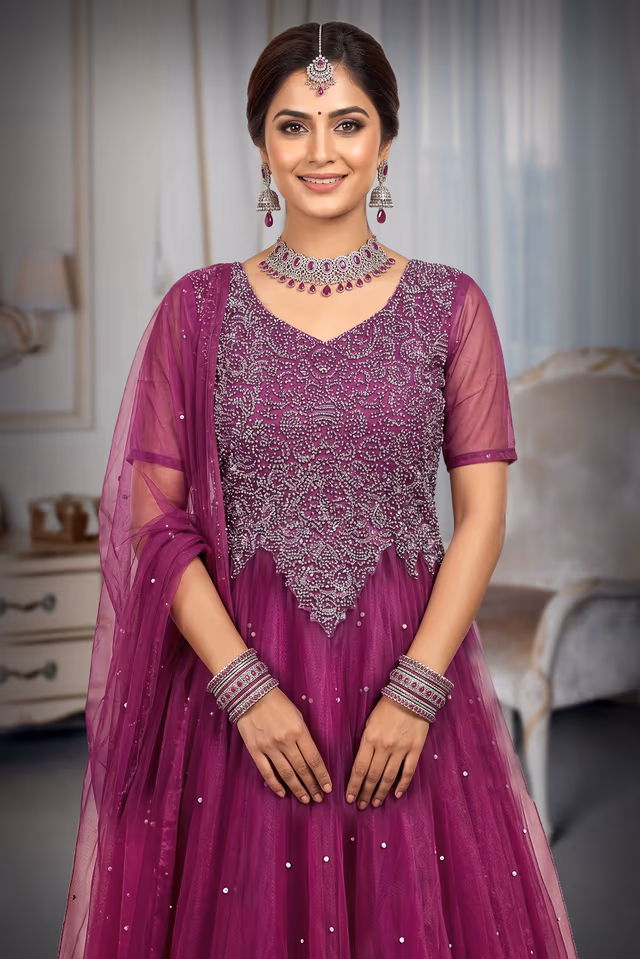 Deep Magenta Pearl and Sequin Embroidered Net Anarkali Gown with Dupatta — rent in Kochi