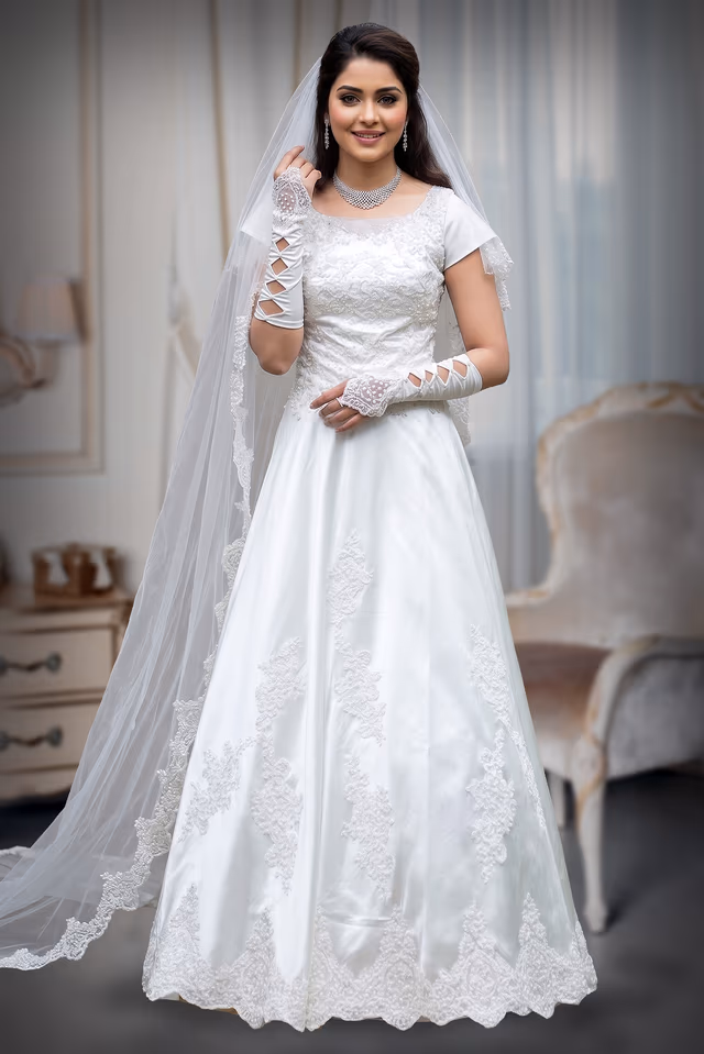 Imported Satin Material , embossed with threads work patches and beads — back view, rent in Coimbatore