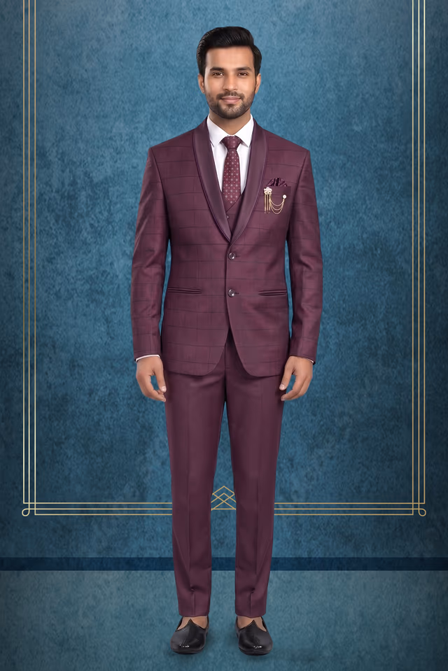 Wine Purple Plaid 3-Piece Tuxedo Suit with Satin Shawl Lapel — rent in Kochi