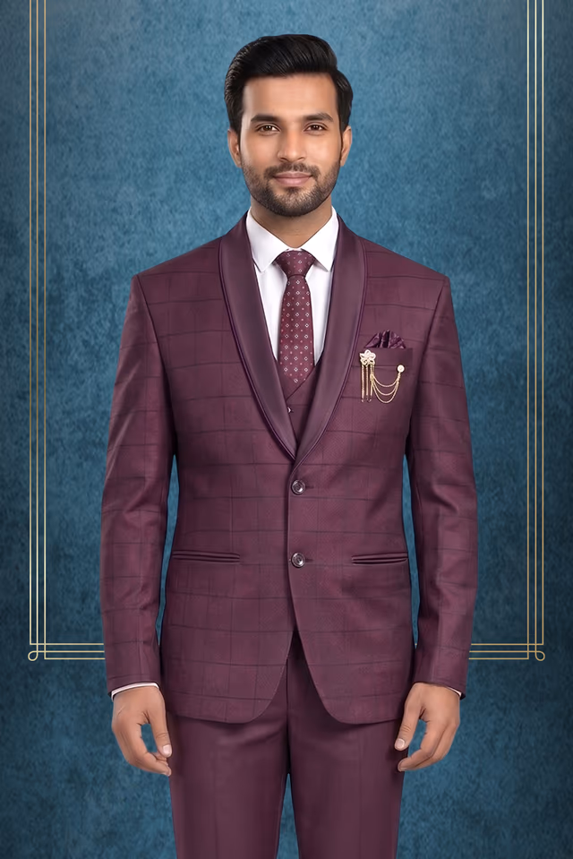 Wine Purple Plaid 3-Piece Tuxedo Suit with Satin Shawl Lapel — back view, rent in Kochi