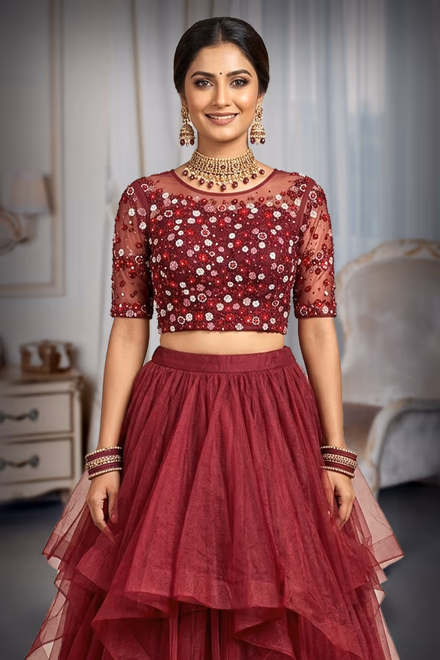Wine Red Tiered Ruffle Net Lehenga with Sheer Illusion Floral Blouse — rent in Kochi