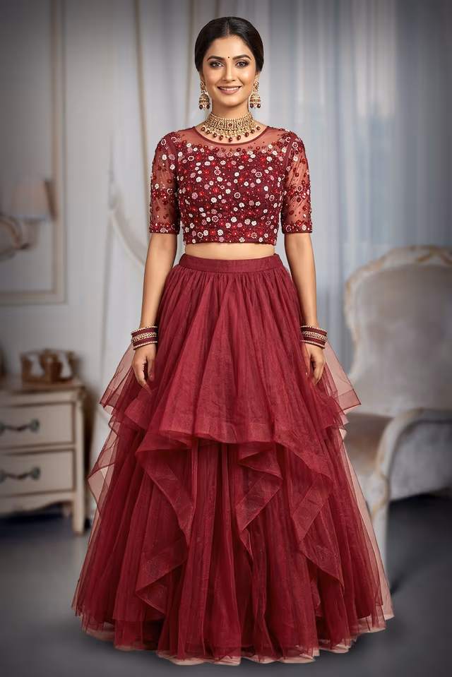 Wine Red Tiered Ruffle Net Lehenga with Sheer Illusion Floral Blouse — back view, rent in Kochi