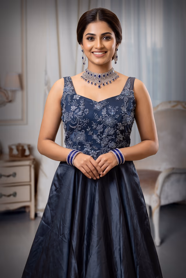 Steel Blue Embroidered Net and Silk Taffeta A-Line Evening Gown — rent in Kochi