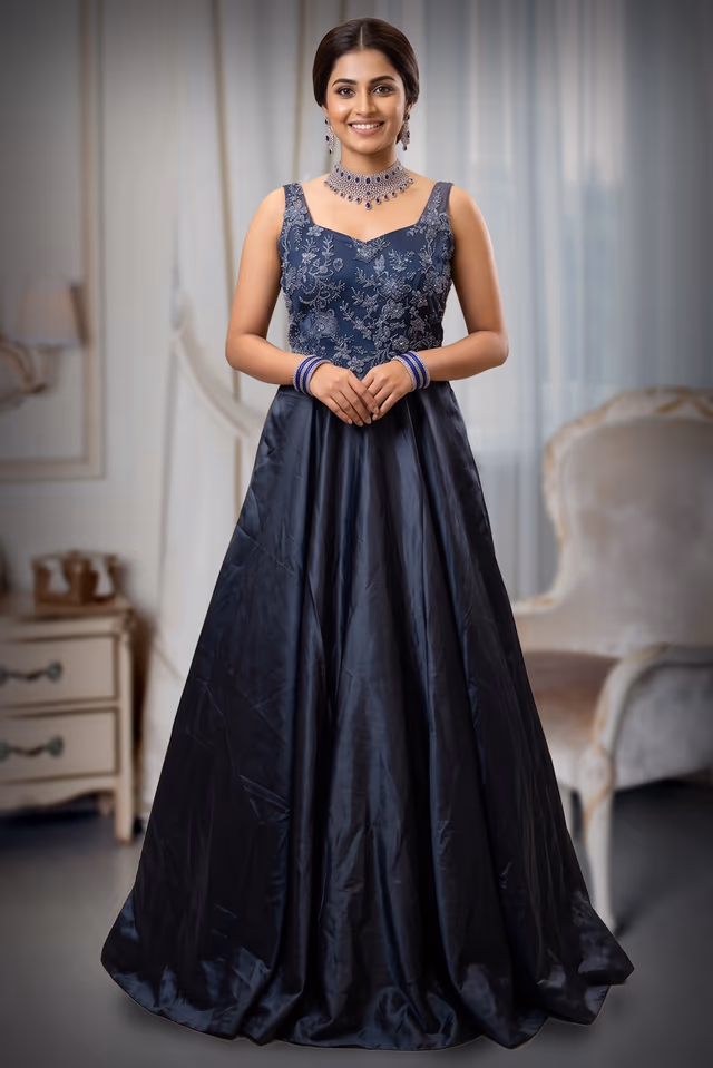 Steel Blue Embroidered Net and Silk Taffeta A-Line Evening Gown — back view, rent in Kochi
