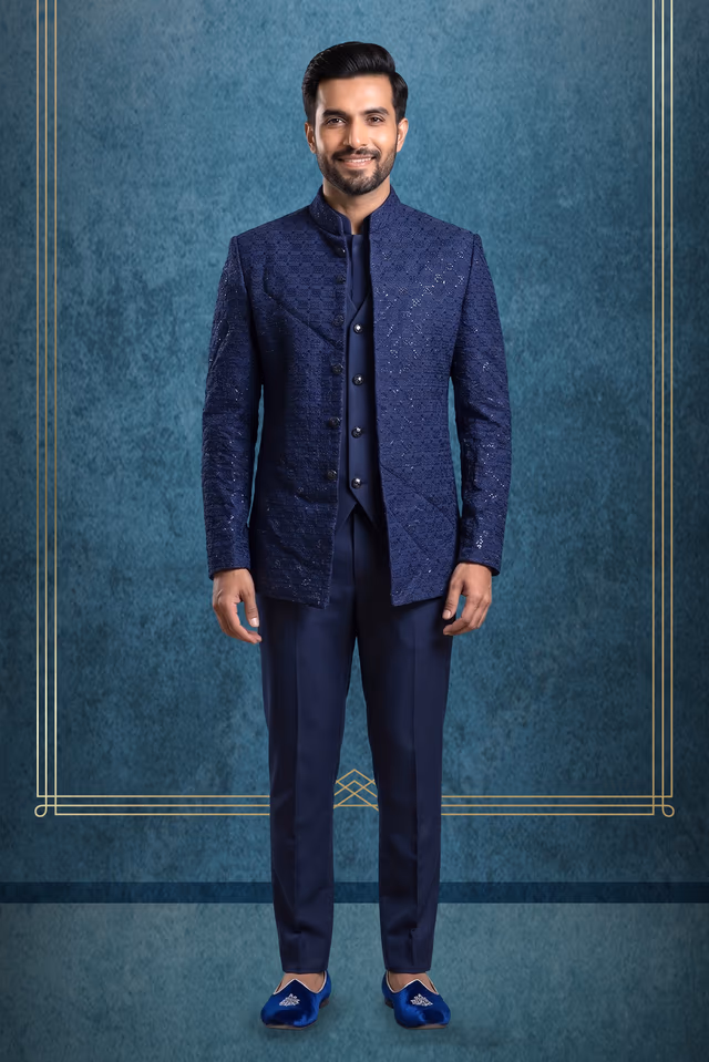 Men's Navy Blue Textured Bandhgala Jacket with Matching Inner Waistcoat and Trousers Set — rent in Kochi