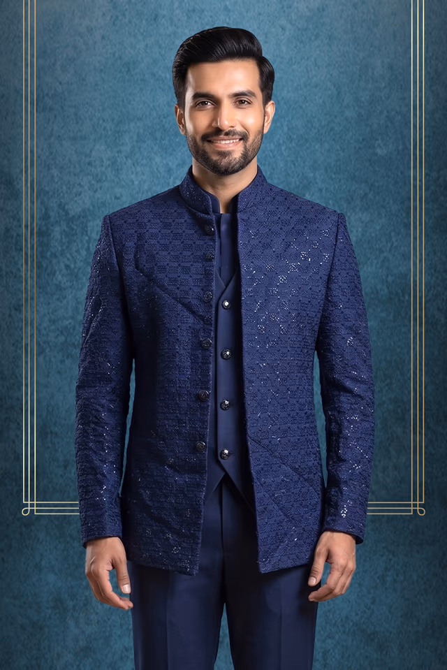 Men's Navy Blue Textured Bandhgala Jacket with Matching Inner Waistcoat and Trousers Set — back view, rent in Kochi