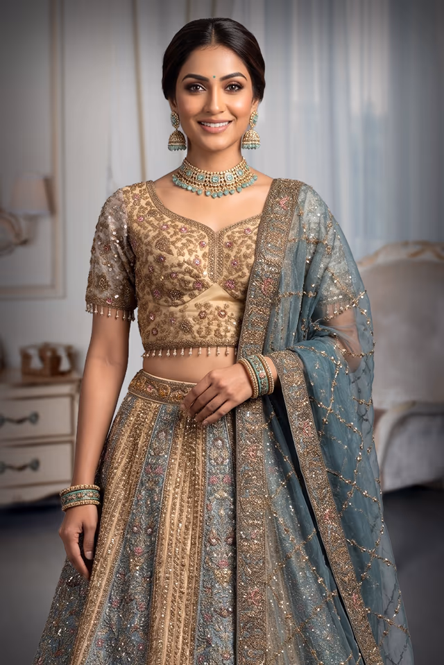 Dull Gold and Pastel Sea Green Embroidered Silk Lehenga Choli Set with Net Dupatta — rent in Kochi