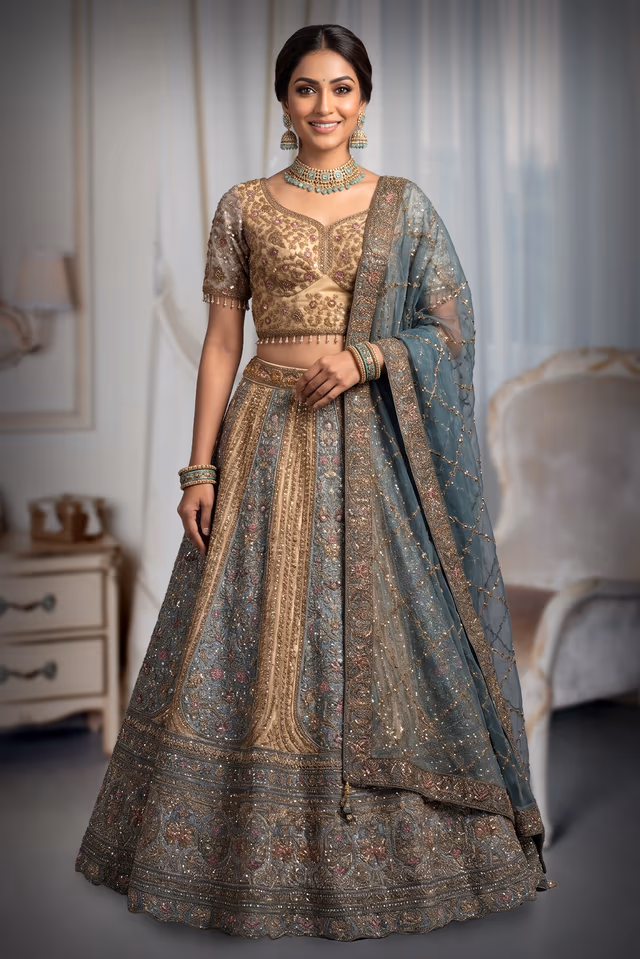 Dull Gold and Pastel Sea Green Embroidered Silk Lehenga Choli Set with Net Dupatta — back view, rent in Kochi