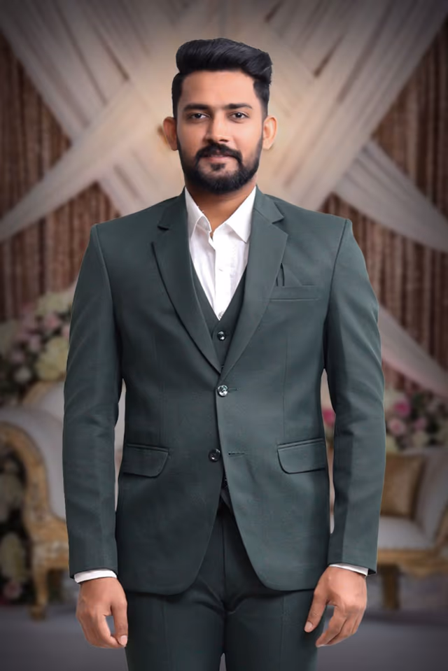 3 Piece Polyster Green Suit — back view, rent in Bangalore