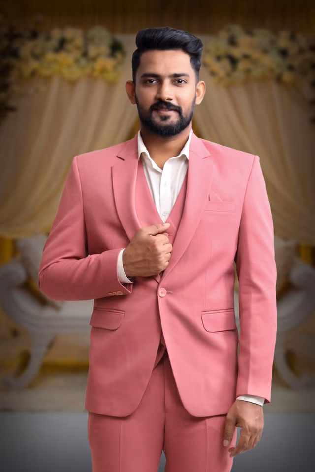 3 Piece Polyster Pink Suit — back view, rent in Bangalore