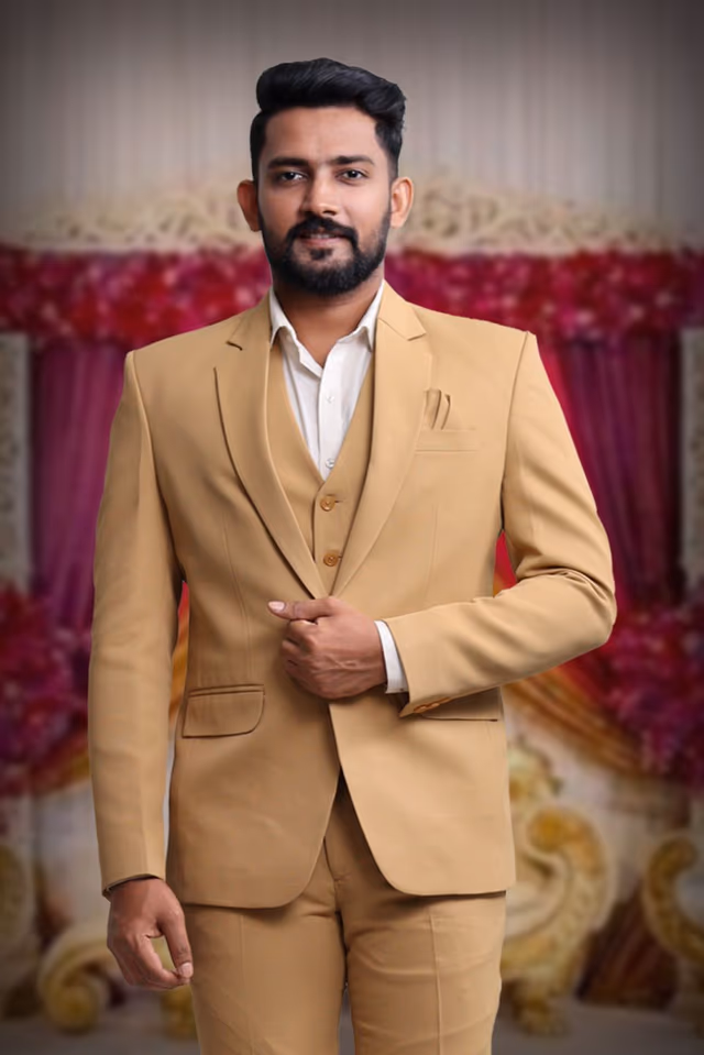 3 Piece Imported Fabric Dark Cream Suit — back view, rent in Bangalore
