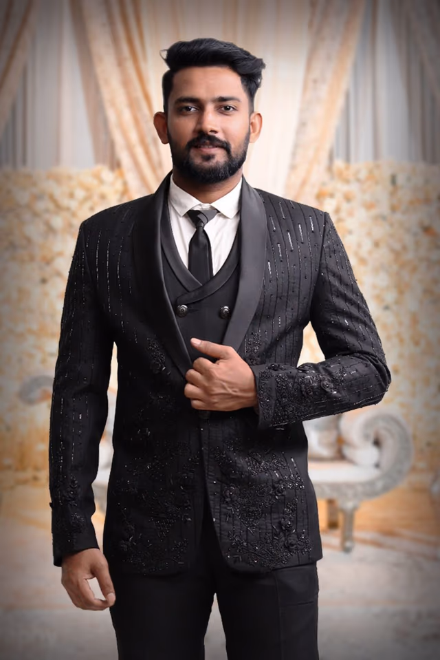 3 Piece Imported Fabric Black Suit — back view, rent in Bangalore