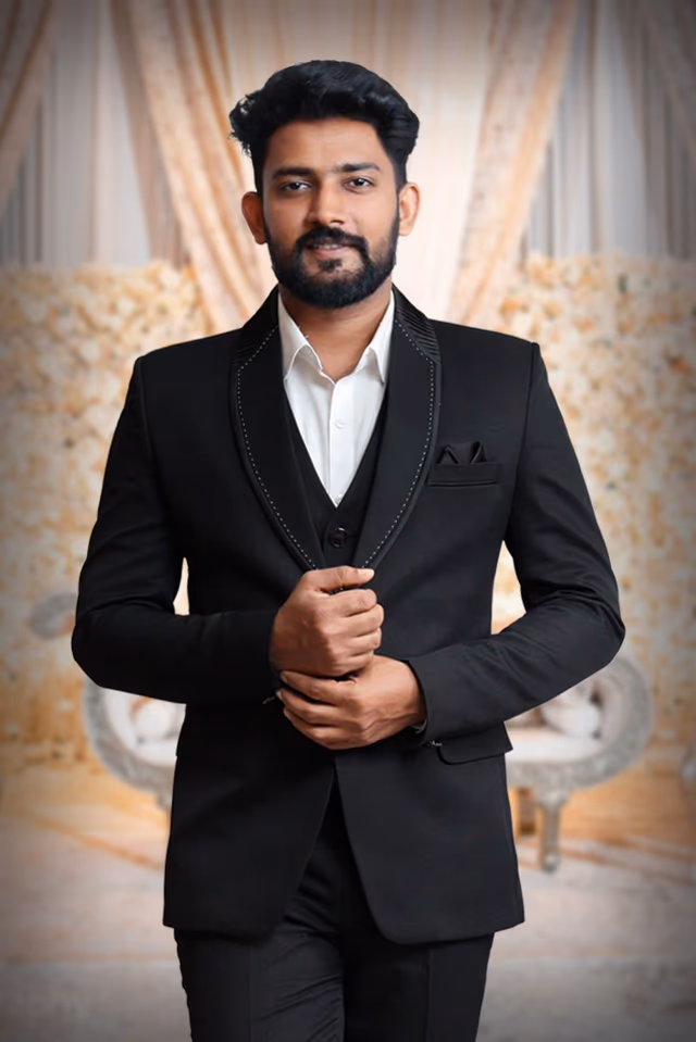 3 Piece Imported Fabric Black Suit — back view, rent in Bangalore