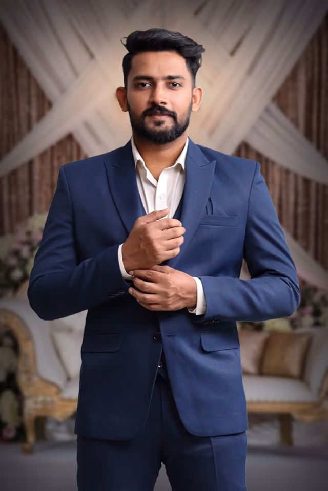 3 Piece Imported Fabric Navy Blue Suit — back view, rent in Bangalore