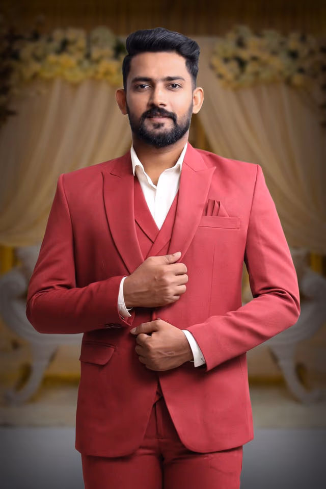 3 Piece Imported Fabric Reddish  Suit — back view, rent in Bangalore
