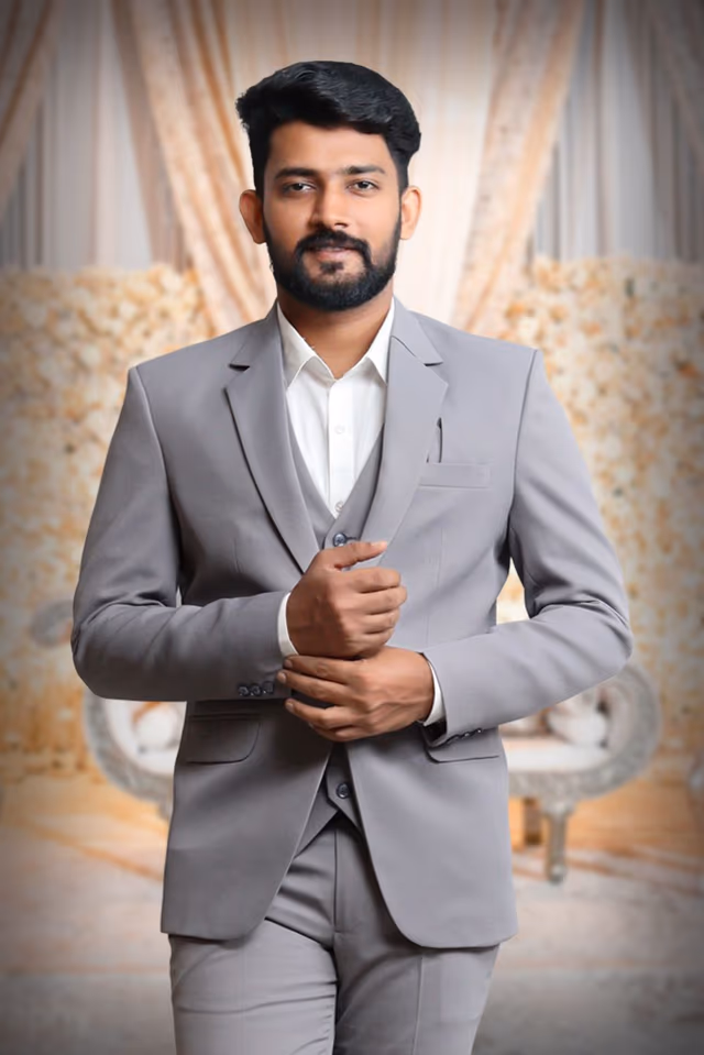 3 Piece Imported Fabric Light Grey Suit — back view, rent in Bangalore