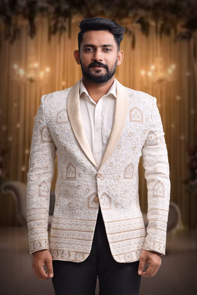 Lakhnavi White & Pink Blazer — back view, rent in Bangalore