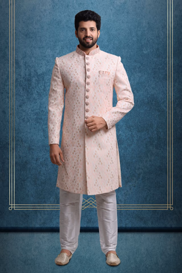 Baby Pink And Gold Dashing Classic Sherwani — rent in Bangalore