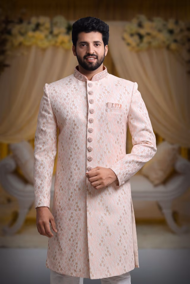 Baby Pink And Gold Dashing Classic Sherwani — back view, rent in Bangalore