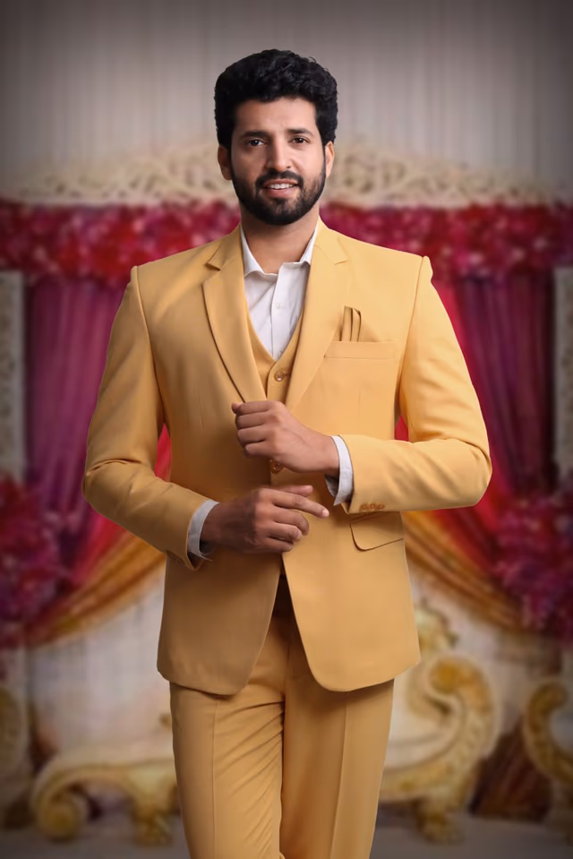Polyster Mustard Yellow Suit — back view, rent in Bangalore