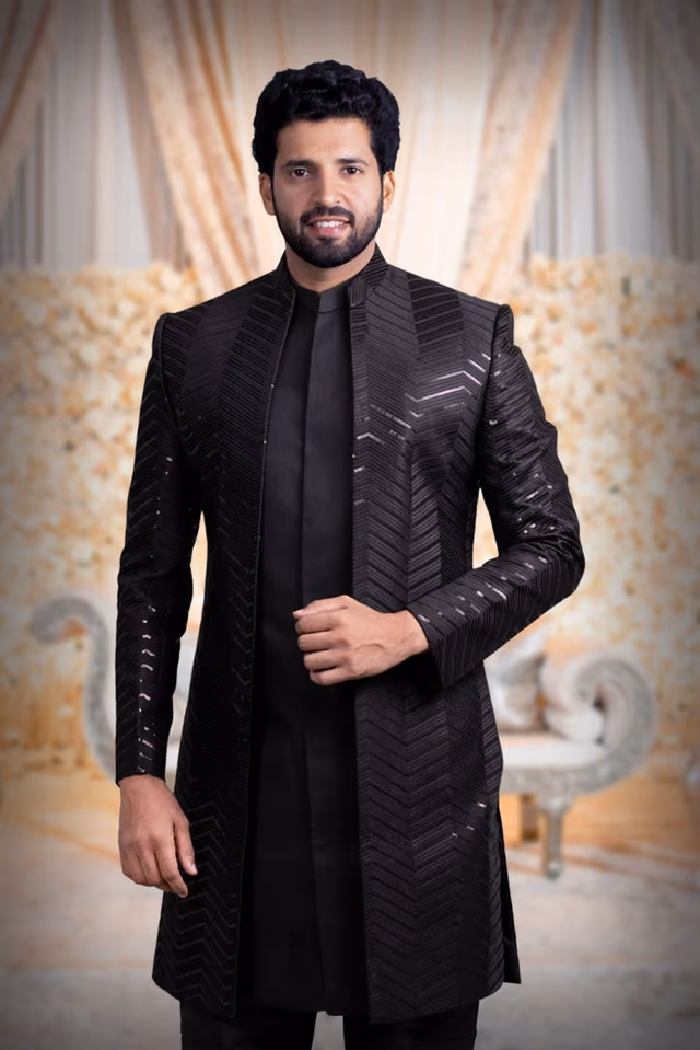 Black Regal Jacket Sherwani — back view, rent in Bangalore