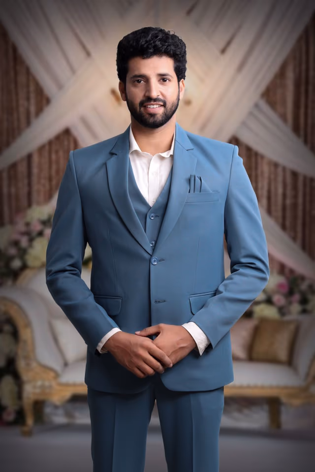 Polyster Pacific Blue Suit — back view, rent in Bangalore