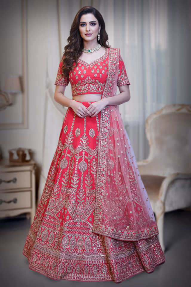 Scarlet Red Bridal Lehenga with Heavy Golden work — back view, rent in Kochi