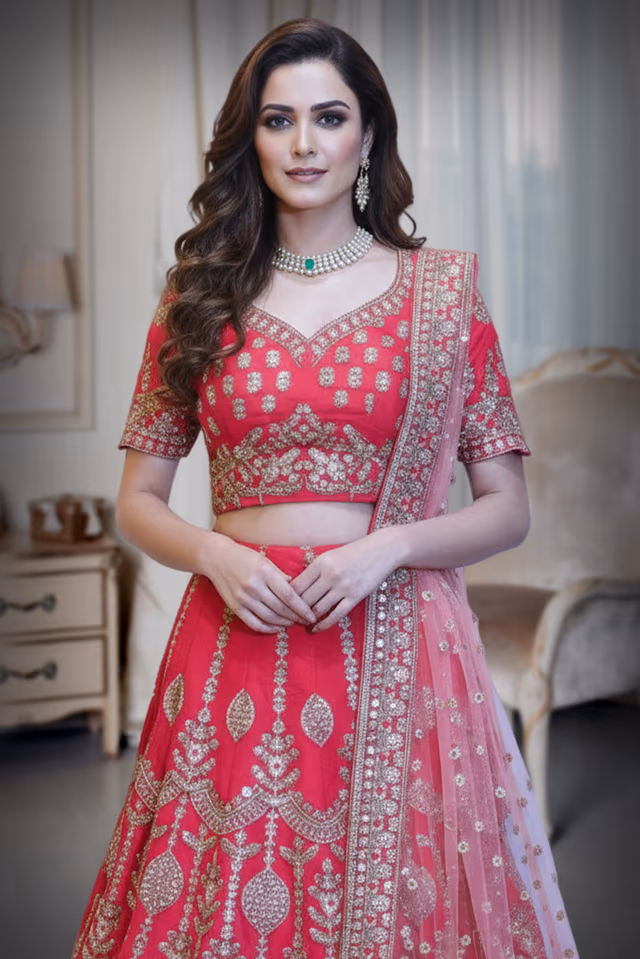 Scarlet Red Bridal Lehenga with Heavy Golden work — rent in Kochi