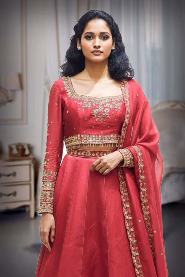 Vibrant Crimson Raw Silk Lehenga Choli with Hand-Embroidered Scalloped Border and Full Sleeves — rent in Kochi