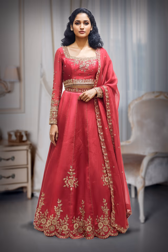 Vibrant Crimson Raw Silk Lehenga Choli with Hand-Embroidered Scalloped Border and Full Sleeves — back view, rent in Kochi
