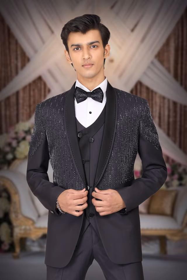 Charcoal Grey Breathtaking Event & Party Suit — back view, rent in Bangalore