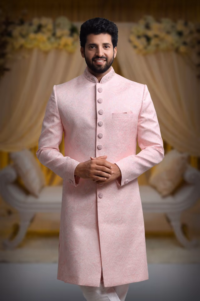 Light Pink Opulent Classic Sherwani — back view, rent in Bangalore