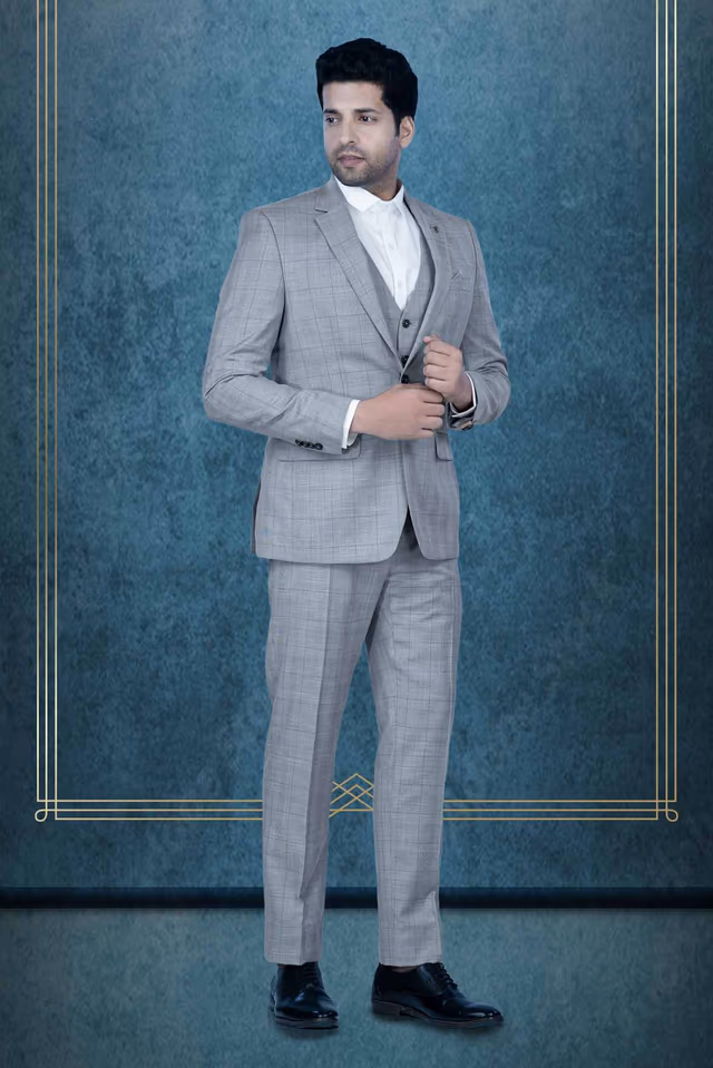 3 Pcs Rayon In Grey 3Pc Suit — back view, rent in Calicut