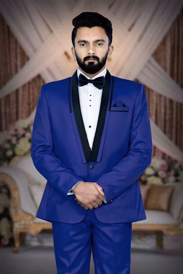2 Pcs Imported Terry Rayon In Royal Blue 2Pc  Tuxedo Suit — back view, rent in Calicut