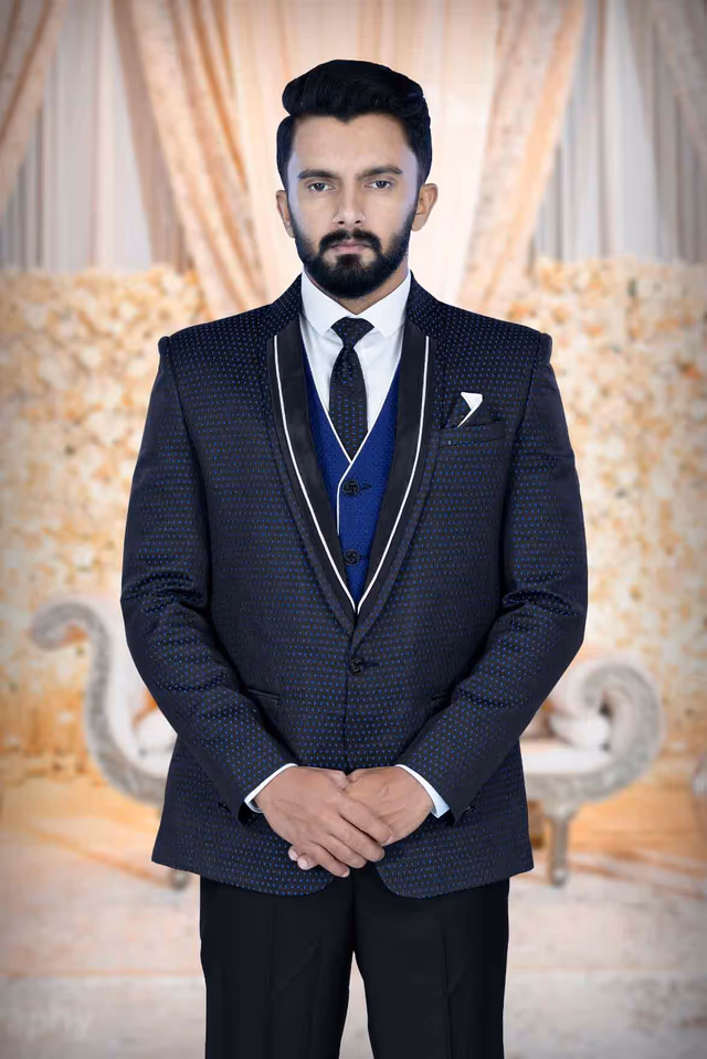 Black Printed Jacket Blue & Black Jacquard  Waist Coat Imported Terry Rayon In  3Pc Suit — back view, rent in Calicut