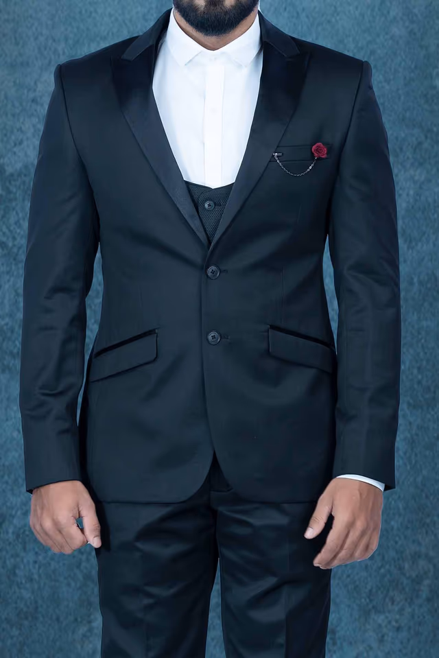 Polyester Viscose In Black 3Pc Suit — back view, rent in Calicut