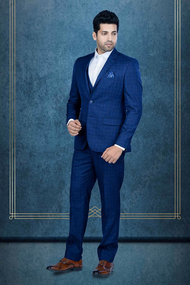 3Pc Suit Polyester Viscose In Dark Blue 3Pc Suit — back view, rent in Calicut
