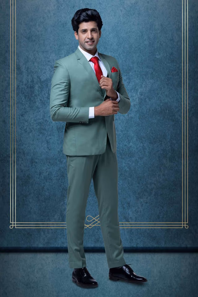 3 Pcs Suiting In Moss Green 3Pc Suit — back view, rent in Calicut