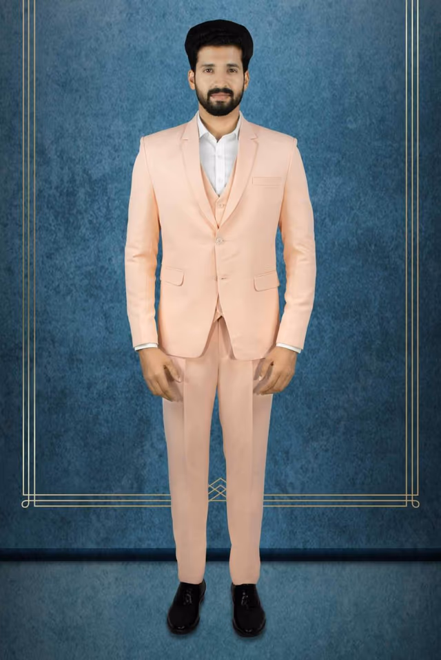 3 Pcs Polyster Pastel Peach Suit — back view, rent in Calicut