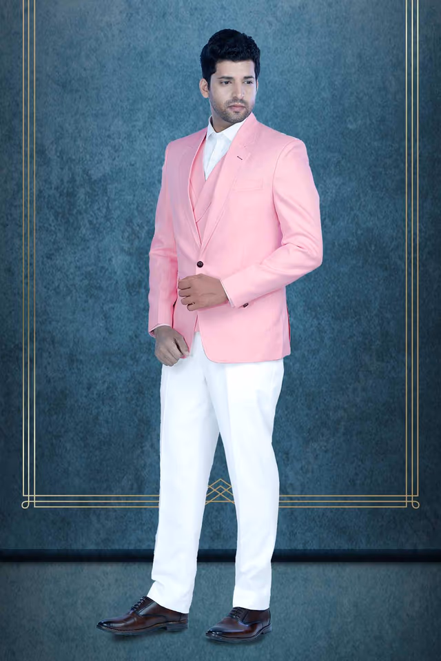 3 Pc Jaquard In Peach Jacket 3Pc Suit — back view, rent in Calicut