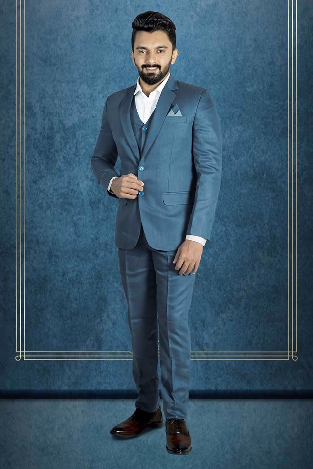Polyster Blue 3Pc Suit — back view, rent in Calicut