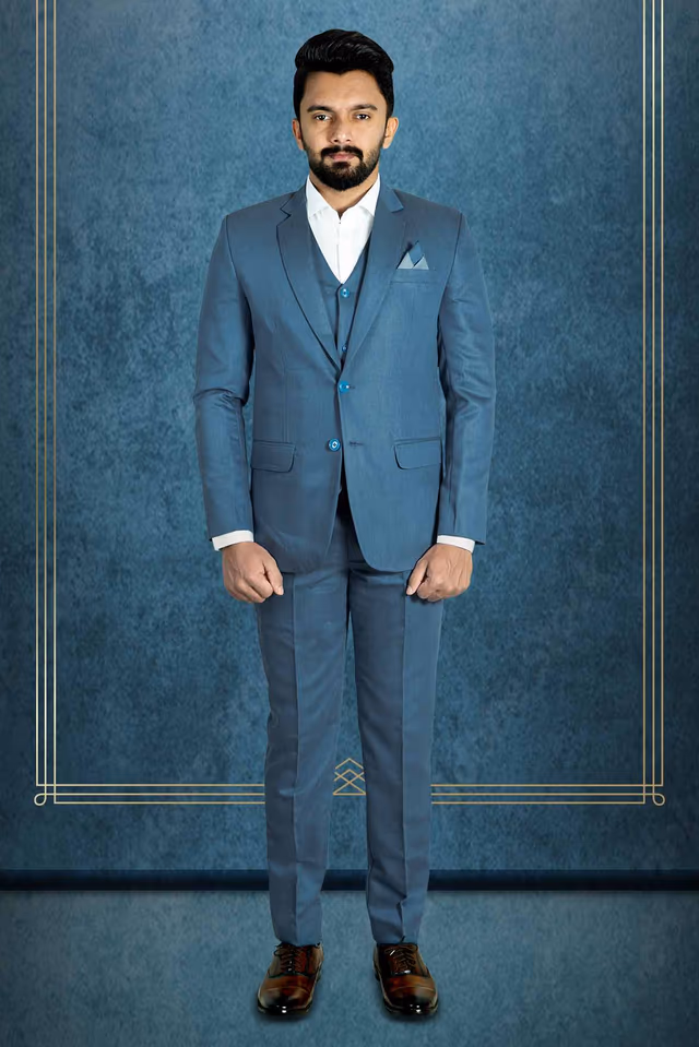Polyster Blue 3Pc Suit — rent in Calicut