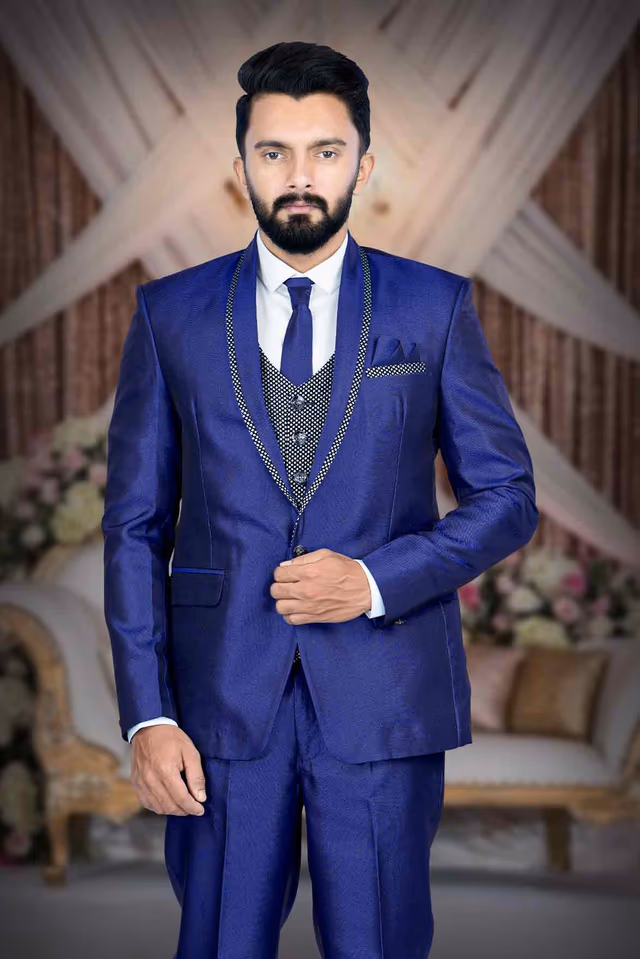 3 Pcs Imported Terry Rayon In Royal Blue 3Pc Suit — back view, rent in Calicut