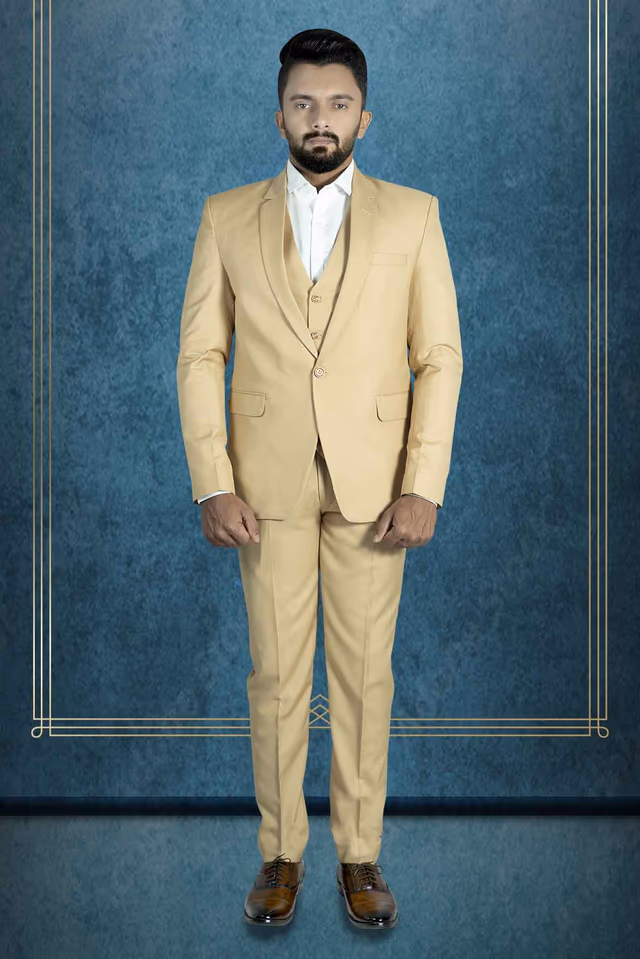 Polyster Sand beige 3Pc Suit — back view, rent in Calicut