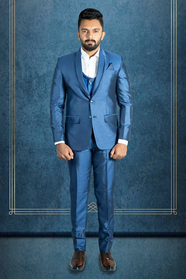 Polyster mid night Blue 3Pc Suit — back view, rent in Calicut