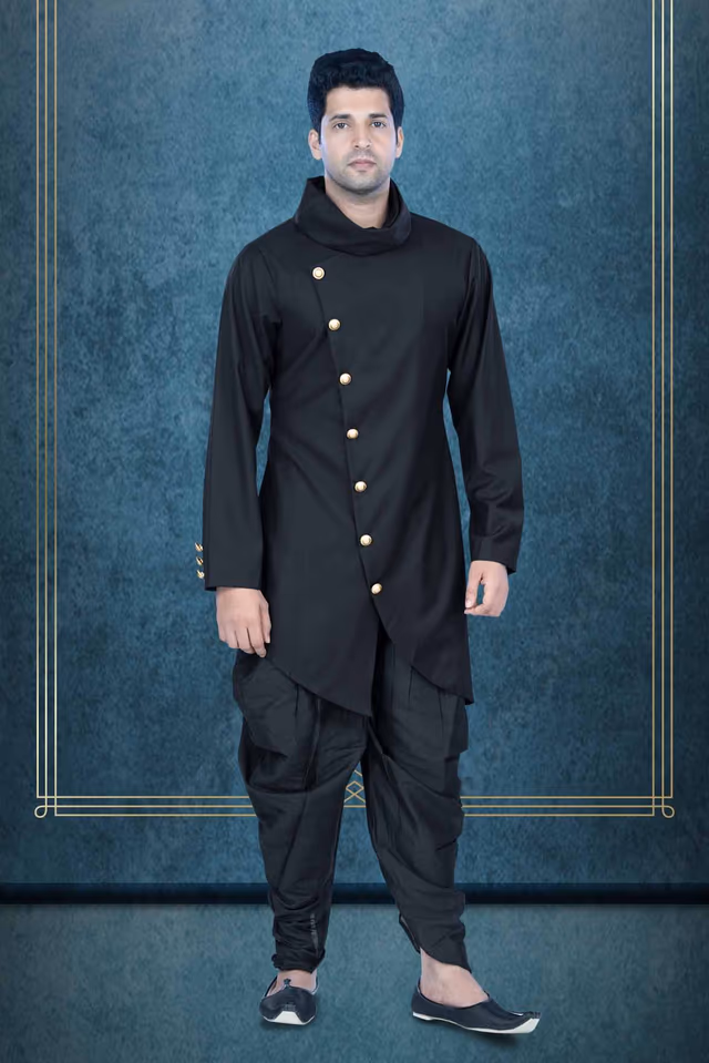 Asymmetrical Cut Terry Rayon In Black Indowestern — rent in Calicut