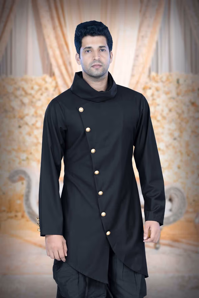 Asymmetrical Cut Terry Rayon In Black Indowestern — back view, rent in Calicut